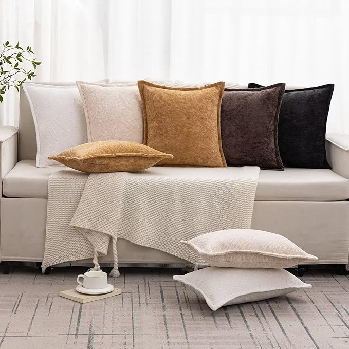 Cream White Decorative Throw Pillow Covers 22x22 Inch Set of 2 Cozy Soild Chenille Cushion Cases Soft Textured Square Couch Pillows Cover Boho Accent Farmhouse Pillowcases for Sofa Bed