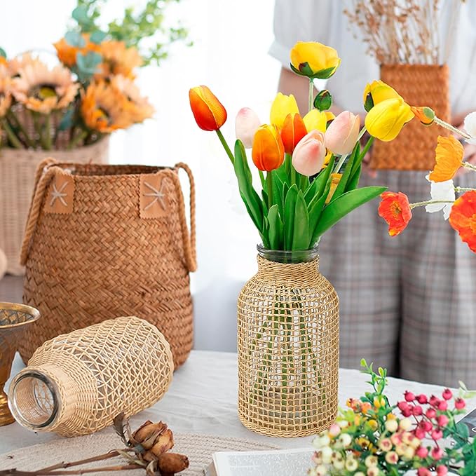 MDEOOSKY Straw Woven Glass Vase 10.25''X3.93''X5.52''Boho Glass Flower Vase Country Rustic Style Vase Glass Vase for Floral Arrangements Bottle Height (B Style 10.25IN)