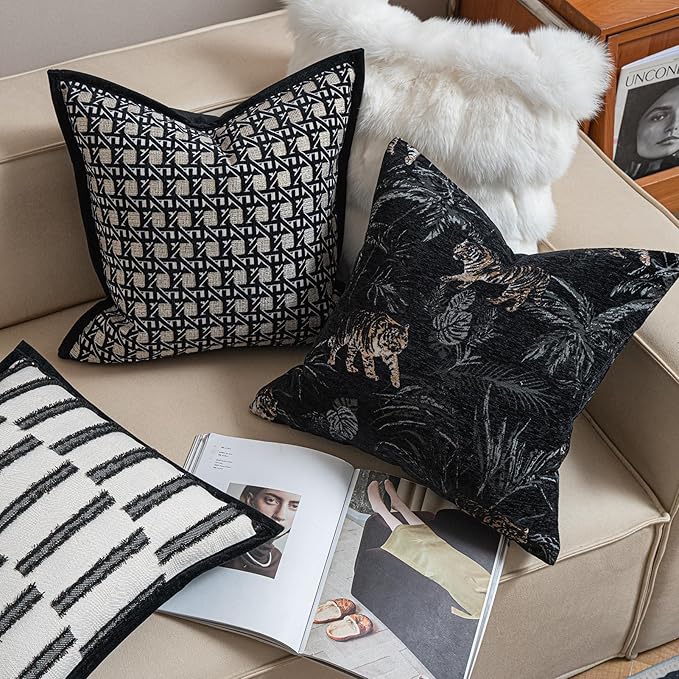 New 18x18'' inches Throw Pillow Cushion Covers - Black Color with Chenille Jacquard Embroidery Golden Tiger Luxury Modern Style Couch Sofa Bed Pillow Cover for Living Room Bedroom