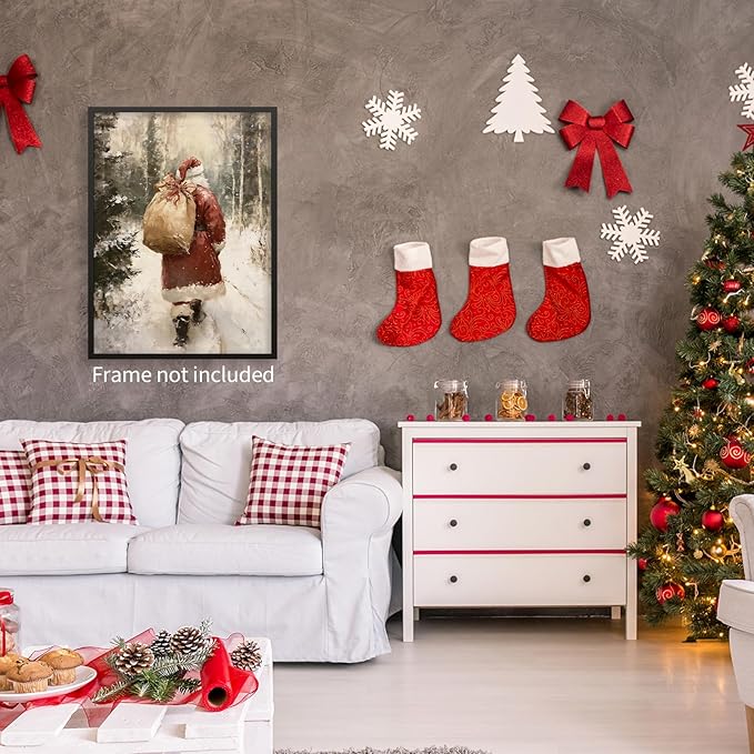 Santa Claus in Winter Forest Poster Vintage Christmas Holiday Canvas Wall Art Cozy Nature Christmas Tree Oil Painting Prints for Cottagecore Bedroom Wall Decor 24x36 inch Unframed