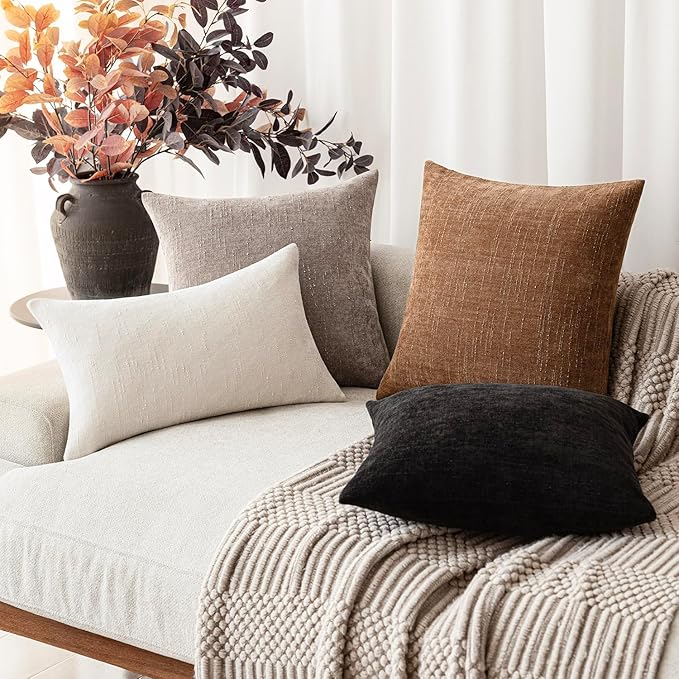 Foindtower Set of 2 Soft Textured Chenille Throw Decorative Pillow Covers Square Accent Solid Cushion Cover Cozy Neutral Farmhouse Pillow Case for Couch Sofa Bedroom Living Room 16x16 Inch,Light Taupe