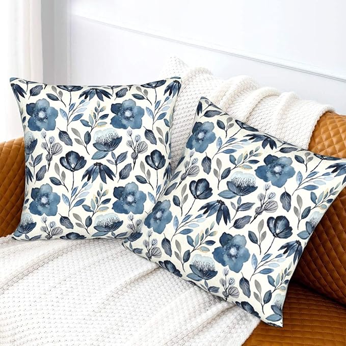 Blue Floral Pillow Covers 18x18 Inch Set of 2 Navy Blue Floral Throw Pillow Cover Chinoiserie Flowers Square Pillowcase Cushion Cases for Home Couch Bed Sofa