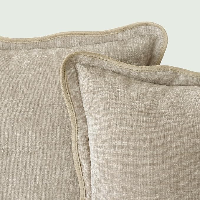 CaliTime Throw Pillow Covers Decorative 18 X 18 Inches Pack of 2 Cozy Chenille Scalloped Wavy Edge Cushion Cases for Couch Sofa Bed Living Room Farmhouse Light Taupe