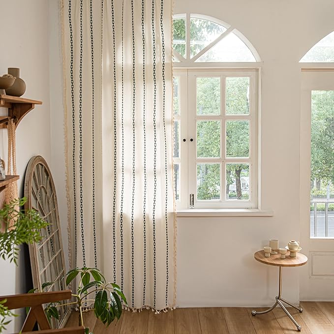 Sutuo Home Boho Curtains 63 Inch Length for Bedroom Living Room, Rod Pocket Light Filtering Embroideried Bohemian Striped Semi Blackout Farmhouse Decor,1 Panel W52 x L63,White and Hunter Green