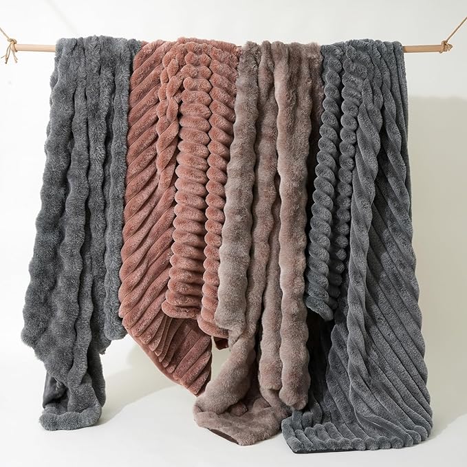 Amélie Home Faux Fur Throw Blanket for Couch, Ultra Cozy Fuzzy Fluffy Fur Luxurious Soft Striped Plush Gift Blankets for Family Sofa Chair Bedroom, 60"x80", Cationic Fox Brown