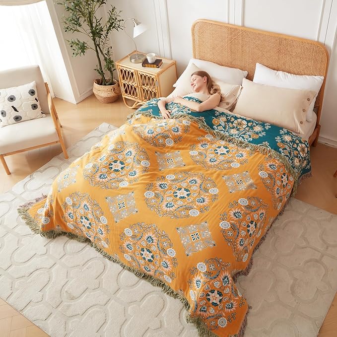 Boho Throw Blanket for Bed 100% Cotton Ultra Soft Rustic Quilt Fall Blanket Floral Printed Farmhouse Decor Bed Blankets,80"×90" All Season Rustic Throw for Sofa Couch Chair