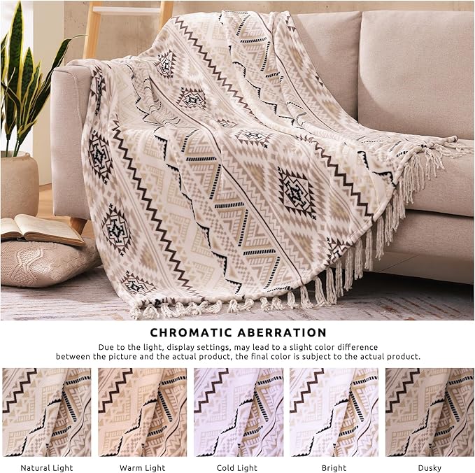 CASAAGUSTO Boho Throw Blanket - Beige and Gray Decorative Blankets with Tassel, Printed Flannel Bohemian Blanket for Chair, Bed, Sofa, Couch(50 * 60, Beige and Gray)