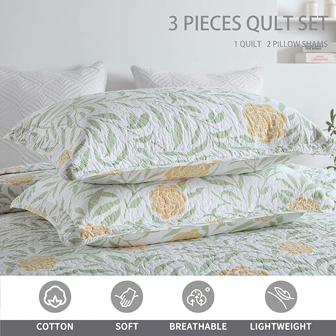 Homzard Floral Quilt King Size - Cotton Green Sage Comforter Set, Farmhouse Floral Leaves Bedspread (106"x98") with 2 Pillow Shams, Lightweight King Quilt Bedding Garden Quilts