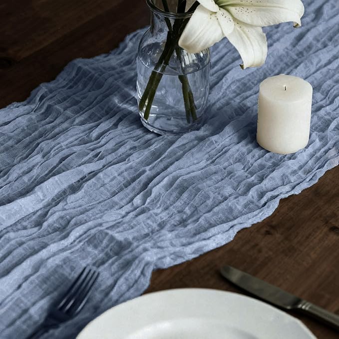 12 Pack Gray Blue Cheesecloth Table Runner 35 x 118 Inch Gauze Fabric Boho Table Runners for Wedding Arch, Rustic Bridal Shower, Baby Shower, Party Decorations, Farmhouse Home Decor