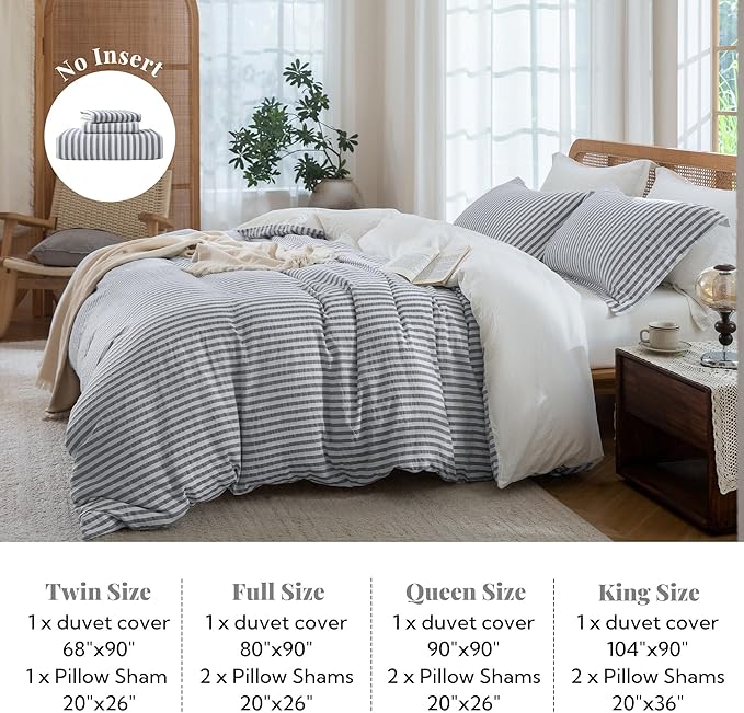 MILDLY Dark Grey Striped Duvet Cover - 100% Washed Cotton Jacquard Boho Textured Comforter Cover 3pcs with Corner Ties Zipper Closure 90"x90"