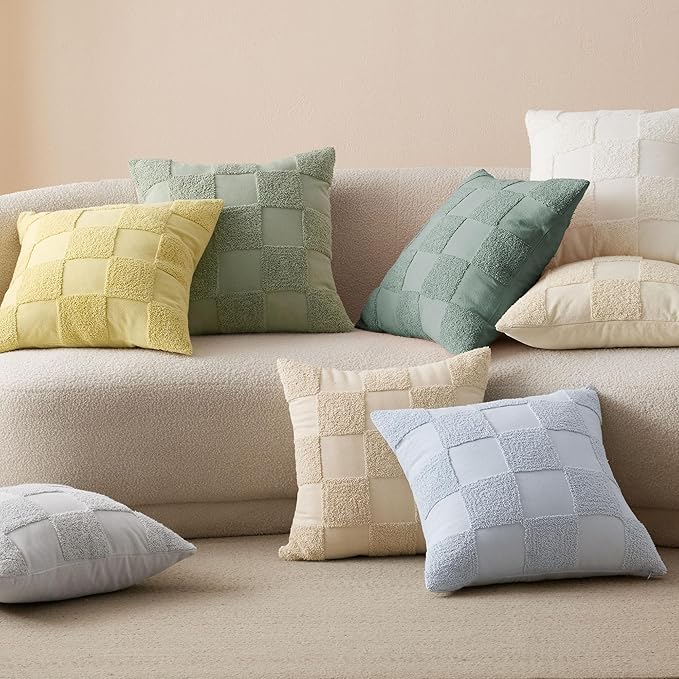 Double Stitch Checkered Throw Pillow Covers - 100% Cotton Set of 2 Tufted Boho Decorative Pillow Covers 20x20, Made in India, Square Cushion Case, Modern Home Decor for Couch, Sofa, Sage Green