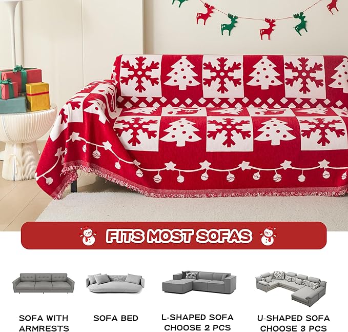 MEETSKY Christmas Couch Cover for Sectional Sofa, Chenille Loveseat Red Sofa Covers Washable for Pet Friendly Snowflake Christmas Tree Decorative Couch Covers, 71" x 102"