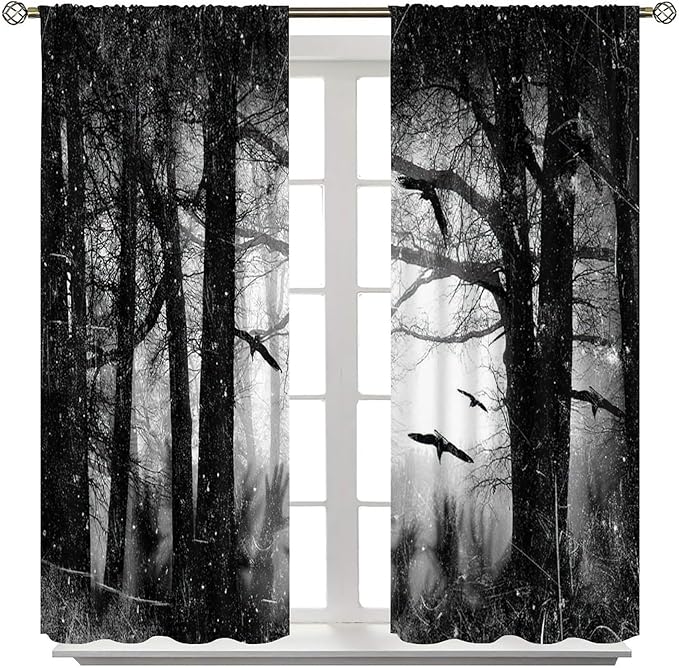 Gothic Forest Blackout Curtains, Foggy Forest Dead Trees Crow Halloween Style Black White Scary Print Window Treatments, for Bedroom Living Room 21(W)*54(L) 2 Panels