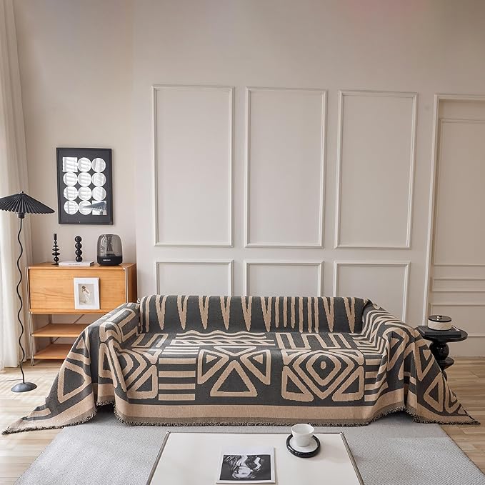 DREAMINGO Boho Couch Cover Washable Chenille Sofa Cover Blanket Light Coffee Black Furniture Protector for Sectional 2 Cushion Couch Reversible Geometric Loveseat Slipcover, Large 71"x118"