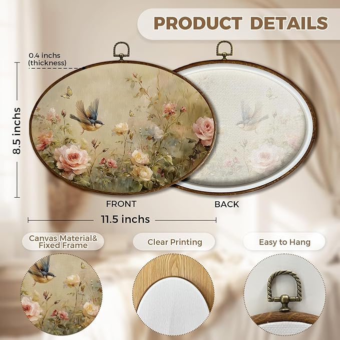 JQF Vintage Bird Floral Oval Wall Decor, Rustic Cottagecore Floral Oval Canvas Wall Art, Rustic Farmhouse Bird Flower Botanical Framed Prints Hanging Decor for Home Bedroom Living Room, 11.5x8.5 Inch