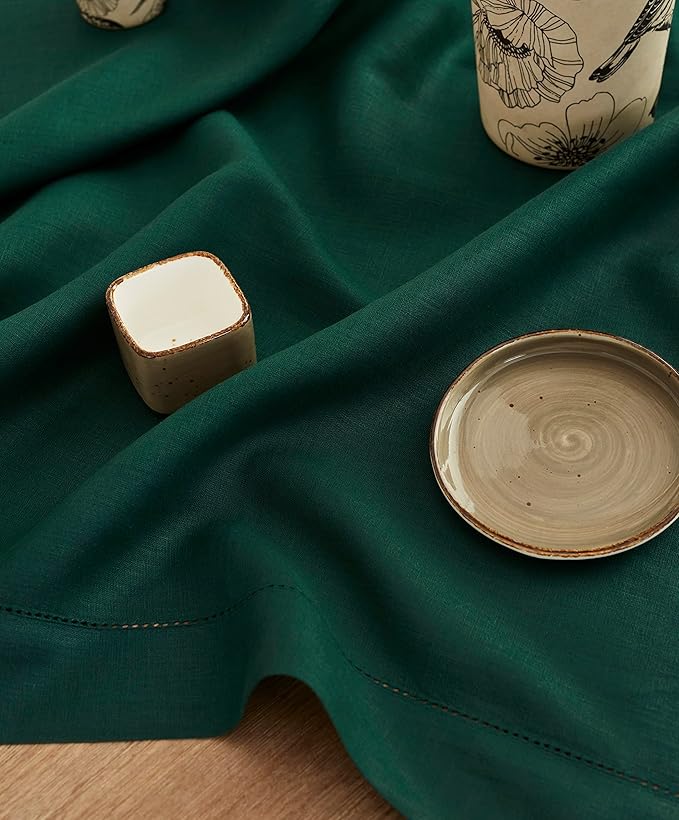Solino Home Rainforest Green Linen Tablecloth 52 x 52 Inch - 100% Pure Linen Square Table Throw - Classic Hemstitch, Machine Washable Table Cloth for Fall, Autumn, Thanksgiving, Christmas, Winter