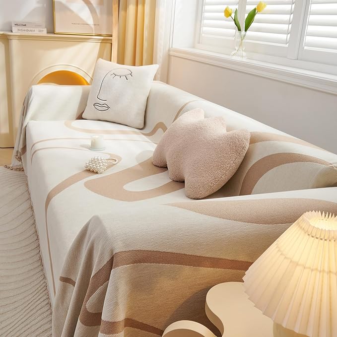 VClife Sofa Couch Cover Washable- Modern White and Beige Striped Jacquard Couch Cover for 2 Cushion Couch 71''x118'' - 1 Piece Soft Chenille Large Sofa Covers Slipcover for Living Room Bedroom