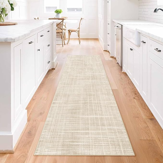 Enkor Runner Rug for Hallway, 2x8 Washable Soft Non Slip Abstract Rug for Kitchen, Modern Mat for Entryway Living Room Bedroom Beige Grid