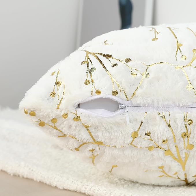 LIGICKY Decorative Long Lumbar Pillow Cover 14x36inch Fluffy White Fur Pillow Coves Gold Branches Glitter Throw Pillows Soft Furry Sparkling Rectangle Cushion Cases for Sofa Bedroom Party Décor