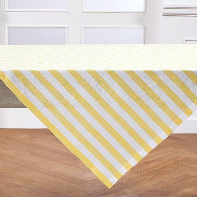 Solino Home Linen Square Tablecloth 52 x 52 Inch - Sorrento Stripe, 100% Pure Linen Yellow and White Table Throw - Machine Washable Tablecloth