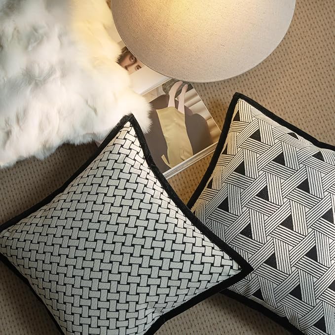 New 22x22'' inches Throw Pillow Cushion Covers - Woven Grid Black Chenille Jacquard Embroidery with Edge Strip Luxury Modern Style Couch Sofa Bed Pillow Cover for Living Room Bedroom