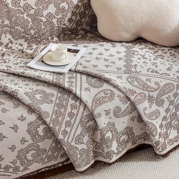 ROOMLIFE Boho Khaki Couch Covers for 3 Cushion Sofa, Breathable Couch Cover Sectional Sofa Cover for Dog, Washable Furniture Sofa Protector Cover Soft Blanket with Tassel for Living Room, 71''X134''