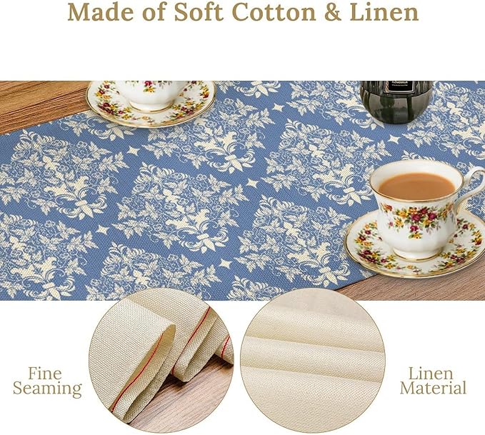 Damask Table Runner Blue Beige Abstract Flower Floral Baroque Pattern Table Runner for Kitchen Dining Weddings Party Festival Farmhouse Holiday Decor 13x60in
