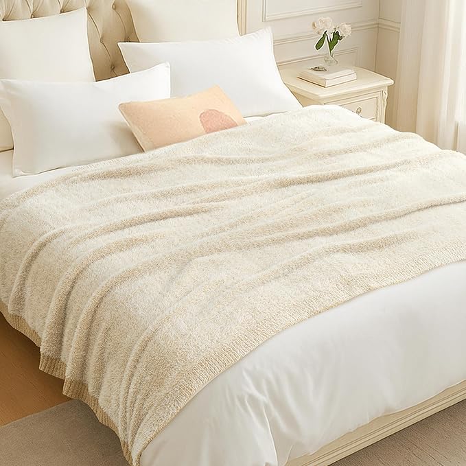 Amélie Home Knit Throw Blanket for Couch, Super Soft Cozy Fuzzy Throws for Sofa Bed Living Room, Luxury Cozy Fluffy Throw for Room Decor, 60" x 80", Heather Beige