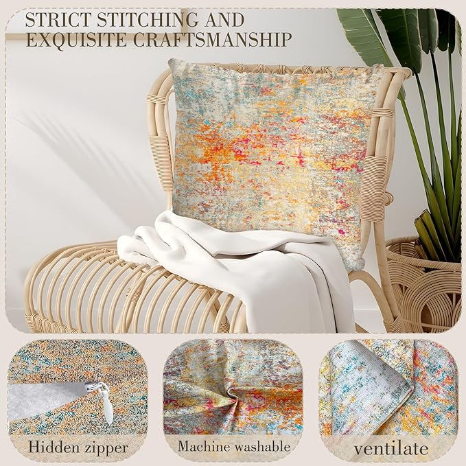 Boho Floral Throw Pillow Covers 20x20 inch Set of 2,Cream Boho Rug Geometric Floral Pattern Decor Double Sided Pattern Cushion Cover Soft Pillow Case Living Sofa Room Bed Square Pillow Cover