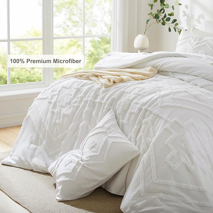 Oli Anderson Boho Tufted Comforter Set King Size, 3 Pcs Soft Jacquard Bedding Set for All Seasons, Shabby Chic Farmhouse Bedding Set with Comforters for All Seasons (White, King)