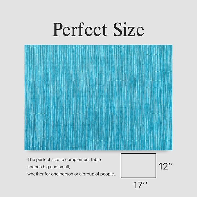 Placemats Set of 12 - Easy Clean Woven Vinyl Placemats for Dining Table, Indoor/Outdoor Place Mats, Washable PVC Table Mats(Teal Blue)