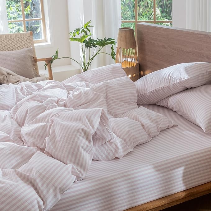 MooMee Striped Duvet Cover Set 100% Washed Cotton Linen Like Textured Breathable Durable Soft Comfy (Heathered Greyish Pink Classic Stripes, Full 80"x90")
