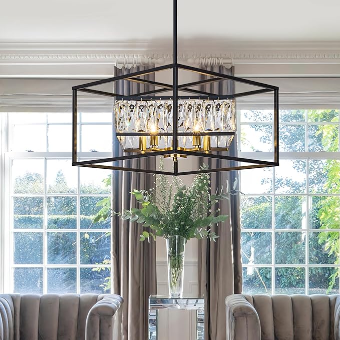 Vezzio Black Crystal Foyer Entryway Chandelier Modern Farmhouse Square 5-Light Chandelier Light Fixture for Dining Room Kitchen Island Entrance Staircases Hallway