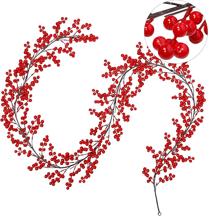 Lulu Home Red Berry Garland, 8.9FT Flexible Artificial Christmas Holly Berry Vine, Winter Berry Garland for Mantle Xmas Tree Window Door Hanging Indoor Outdoor Holiday Decoration (1)