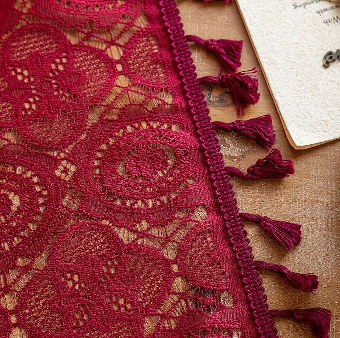 Burgundy Lace Curtains 84 inches Long 2 Panels Victorian Floral Maroon Lace Sheer Curtain Panels with Tassels Dark Red Christmas Curtains for Living Room Bedroom Privacy 59 W x 84 L Red Wine