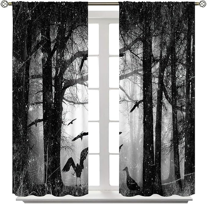 Gothic Forest Blackout Window Curtains, Halloween Style Foggy Forest Dead Trees Crow Print Curtains, for Bedroom Living Room 36(W)*63(L) 2 Panels