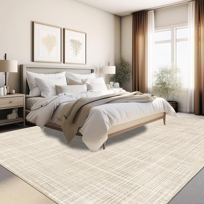 Enkor Area Rugs 9x12 Washable Non Slip Abstract Soft Rugs for Living Room Bedroom, Modern Mat for Kitchen Entryway Beige Grid