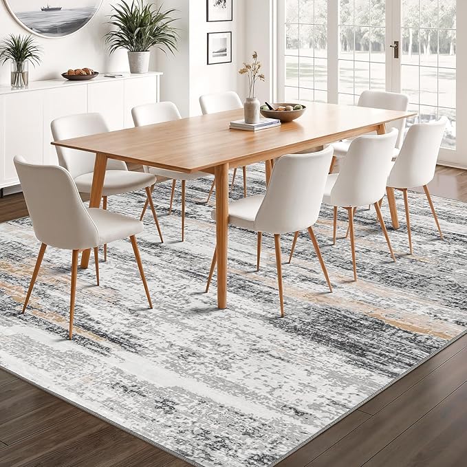 Rugflix 6x9 Area Rugs for Living Room, Washable Rug, Non-Slip, Soft Low Pile Carpet, Stain Resistant, Abstract Rug, Neutral Beige Grey Rug for Bedroom, Dining Room, Home Office