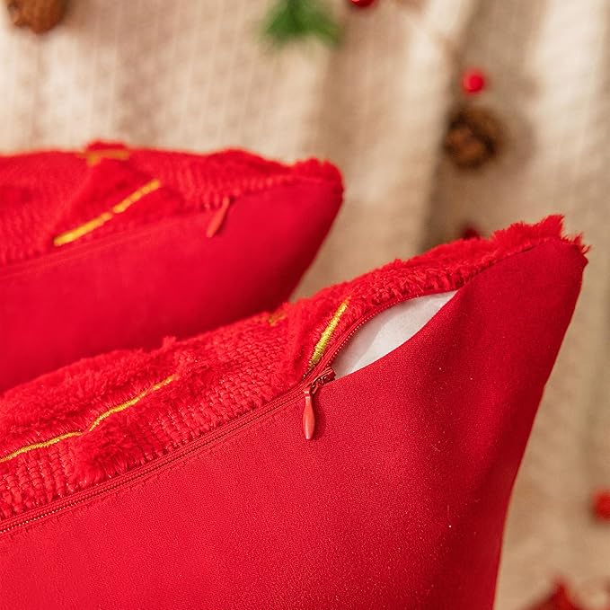 AQOTHES Christmas Tree Decorative Red Throw Pillow Covers 18x18 Set of 2, Faux Fur Farmhouse Throw Pillows Cushion Cases for Xmas Winter Holiday Home Decor