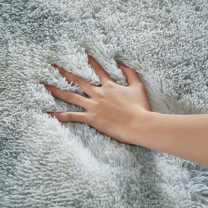 Floralux Rugs for Living Room, 6x9 Large Shag Area Rug, Tie-Dyed Light Grey Soft Fluffy Carpets for Bedroom