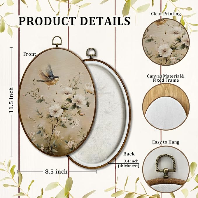JQF Vintage Floral Bird Oval Wall Art, Rustic Cottagecore Magnolia Floral Oval Canvas Wall Art, Retro Flower Bird Framed Prints Hanging Decor for Home Bedroom Living Room, 8.5x11.5 Inch