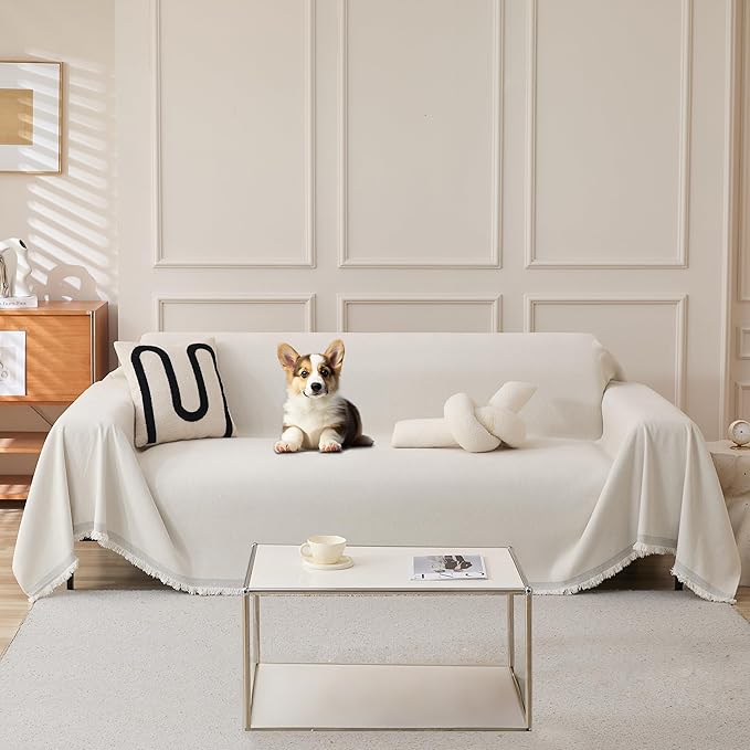 Couch Cover for 3 Cushion Couch Chenille Sofa Cover Sectional Couch Covers, Couch Cover for Dogs Washable, Soft Non-Slip Sofa Slipcover Sofa Protector Futon Cover, 71''x134'', Cream