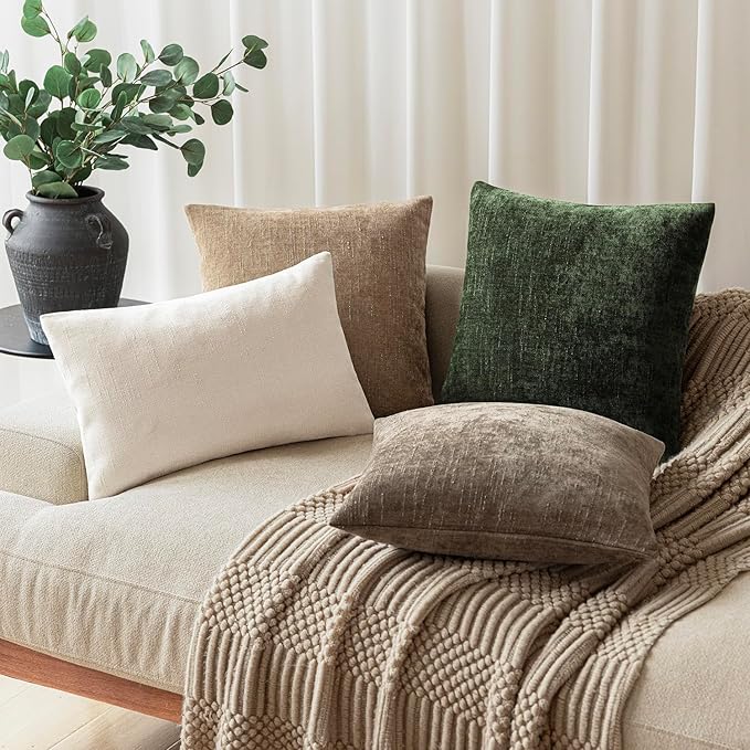 Foindtower Pack of 2 Soft Textured Chenille Throw Decorative Pillow Covers Square Accent Solid Cushion Cover Neutral Farmhouse Pillow Case for Couch Sofa Bedroom Living Room 20x20 Inch,Dark Green
