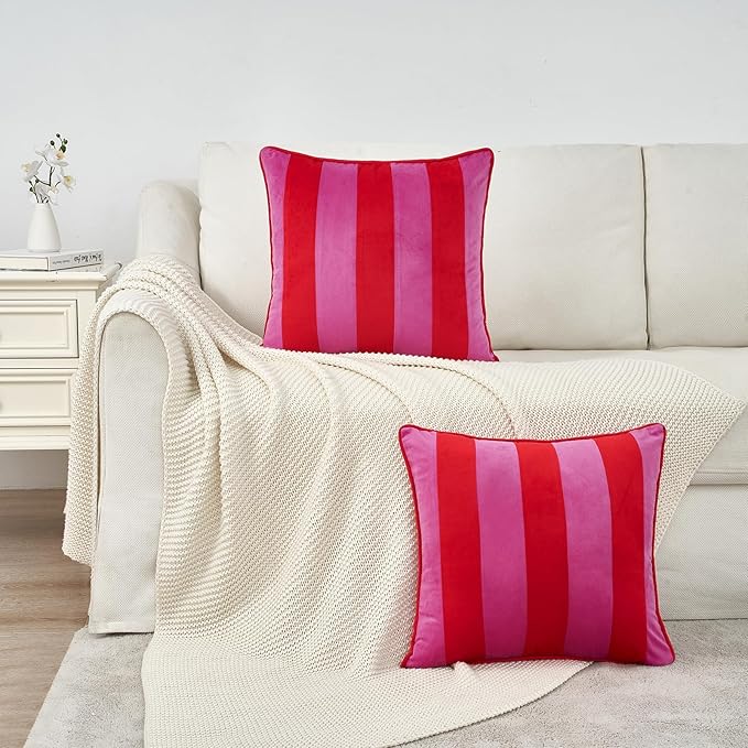 MONDAY MOOSE Decorative Throw Pillow Covers Cushion Cases, Set of 2 Soft Velvet Striped Piping Edge Designs, Pillow Inserts Not Included (Hot Pink/Red, 20x20 inch)