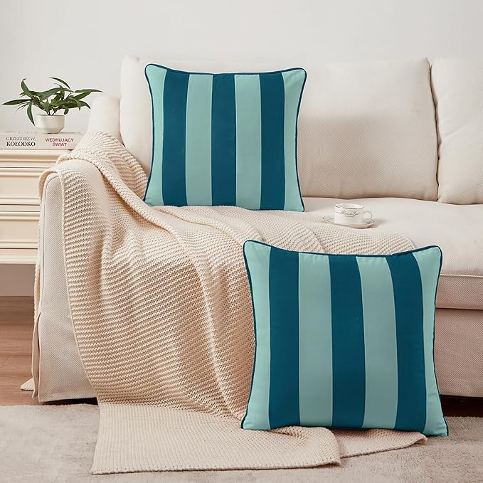 MONDAY MOOSE Decorative Throw Pillow Covers Cushion Cases, Set of 2 Soft Velvet Striped Piping Edge Designs, Pillow Inserts Not Included (Blue/Light Blue, 20x20 inch)
