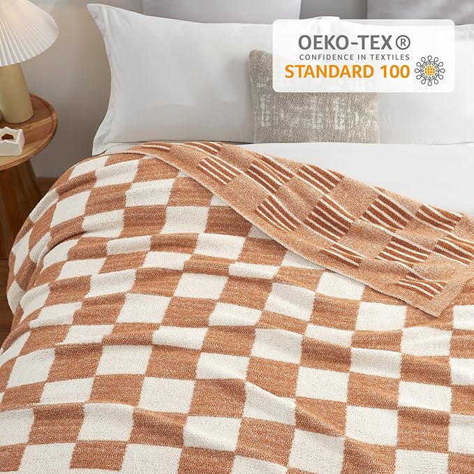 Snuggle Sac Checkered Orange Throw Blanket for Fall,Super Soft Reversible Cozy Warm Blanket for Couch Sofa Bedroom,Cute Lightweight Striped Throws for Women,Heather Orange,60x80 inches