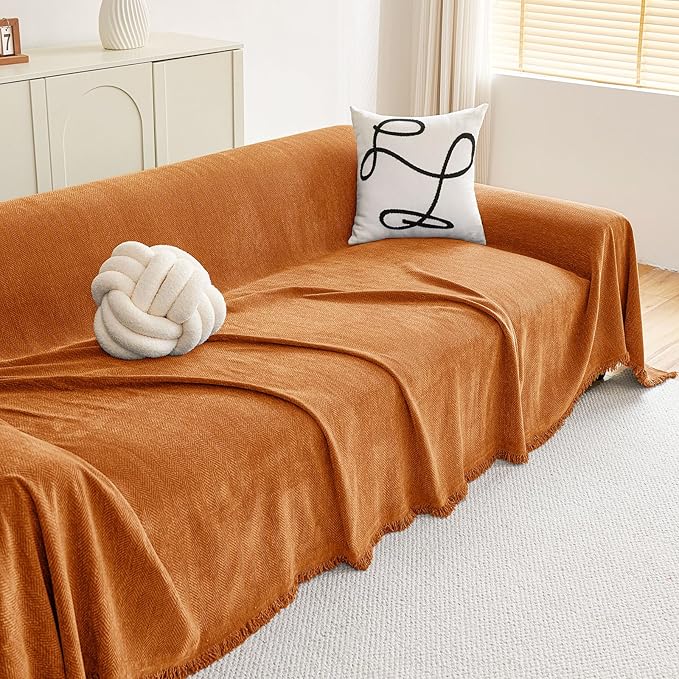 hyha Couch Cover for Dogs, Boho Sofa Covers for 3 Cushion Couch Washable, Chenille Sofa Slipcover for Pets, Soft Loveseat Sectional Couch Throw Blankets with Tassels (Orange, 88.5x150 Inch)
