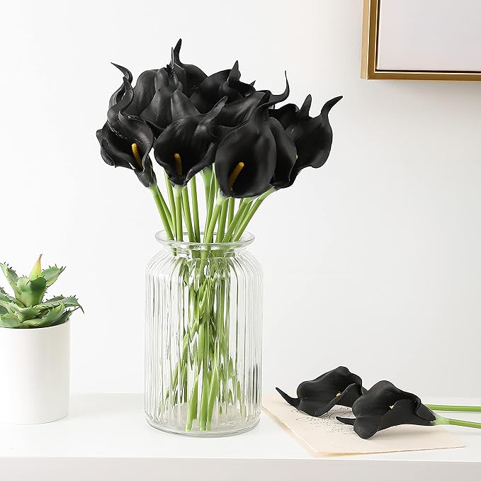 Duovlo 20pcs Calla Lily Bridal Wedding Bouquet Lataex Real Touch Artificial Flower Home Party Decor (Black)