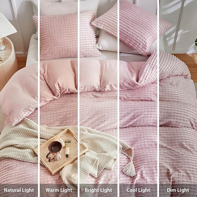 WARMDERN Boho Duvet Cover Set Queen Size, Pink Striped Duvet Cover Microfiber Bedding Set, 3PCS Ultra Soft Breathable Lightweight Tuft Texture Duvet Covers with Zipper Closure(Pink, Queen)