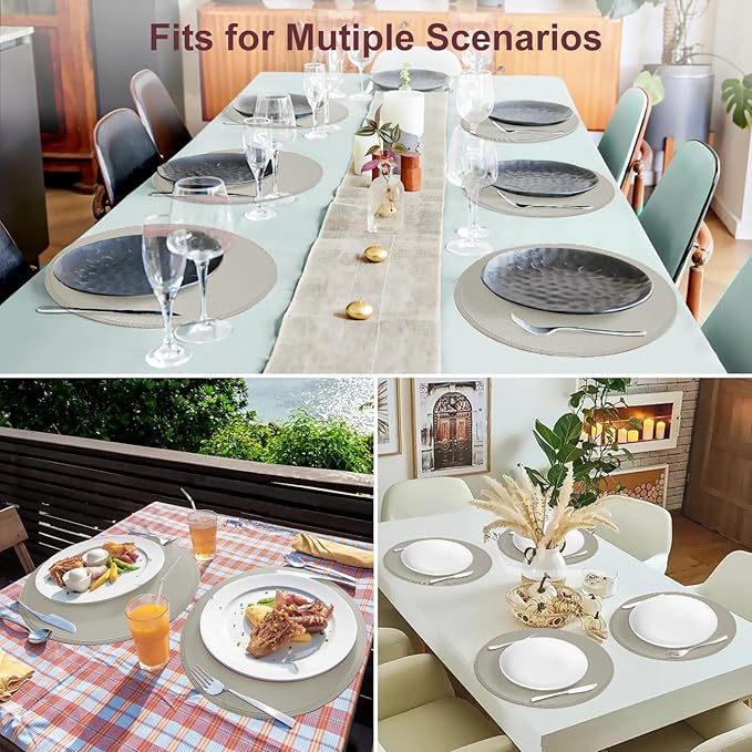 Round Vinyl Gray Placemats Set of 6, Faux Leather Waterproof Wipeable Heat Resistant Place Mats, Washable Table Mats for Halloween, Thanksgiving & Christmas Dinner(Gray)
